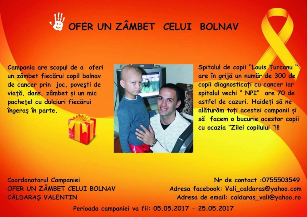 Cu pași mărunți și multă dragoste spre Ziua Copilului. Începe Campania “Ofer un zâmbet celui bolnav” Cu pași mărunți și multă dragoste spre Ziua Copilului. Începe Campania “Ofer un zâmbet celui bolnav”