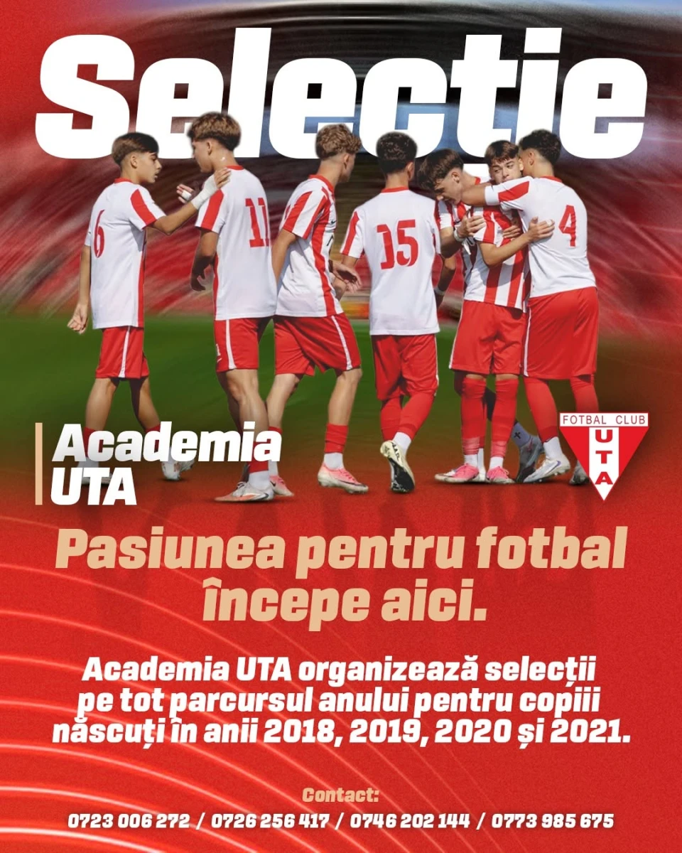 Academia UTA organizează selecții pentru micii fotbaliști din Arad. Sunt așteptați copiii născuți între 2018 și 2021