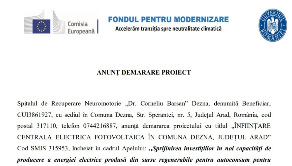 ANUNȚ DEMARARE PROIECT - „ÎNFIINȚARE CENTRALĂ ELECTRICĂ FOTOVOLTAICĂ ÎN COMUNA DEZNA, JUDEȚUL ARAD”