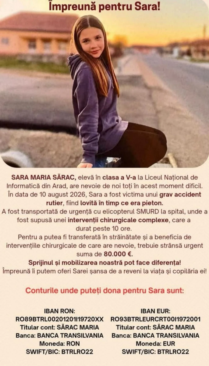 Apel umanitar lansat de SAJ Arad pentru fiica unei asistente medicale, victimă a unui grav accident rutier