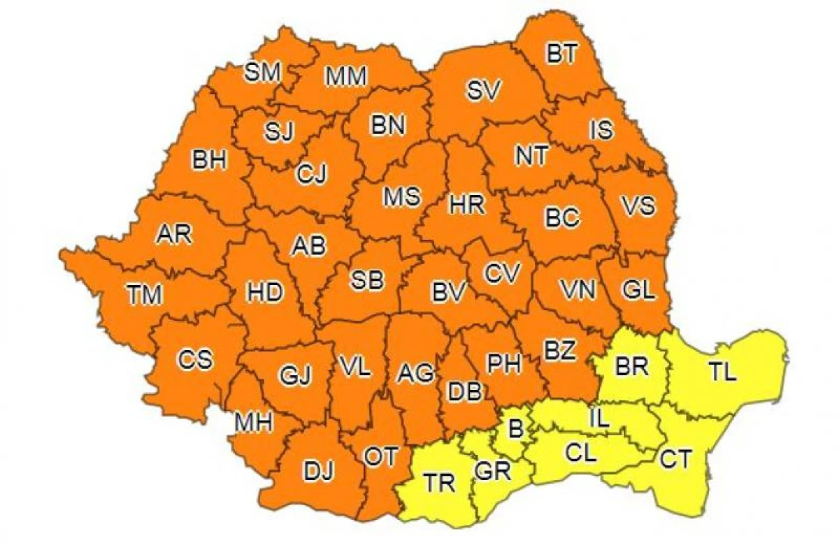 Aradul și alte 32 de județe, sub Cod portocaliu de vreme rea