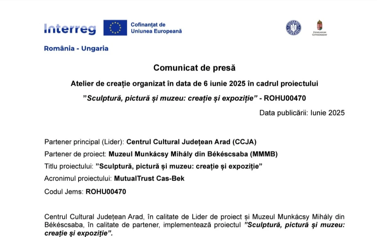 Atelier de creație organizat în data de 6 iunie 2025, în cadrul proiectului ”Sculptură, pictură și muzeu: creație și expoziție” - ROHU00470