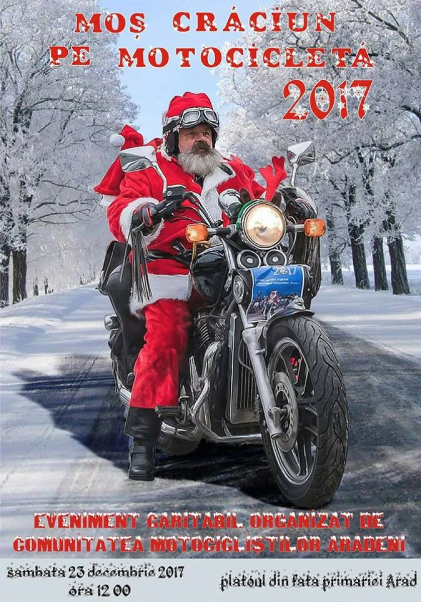 Atenție, copii! Moș Crăciun vine pe motocicletă în fața Primăriei Arad