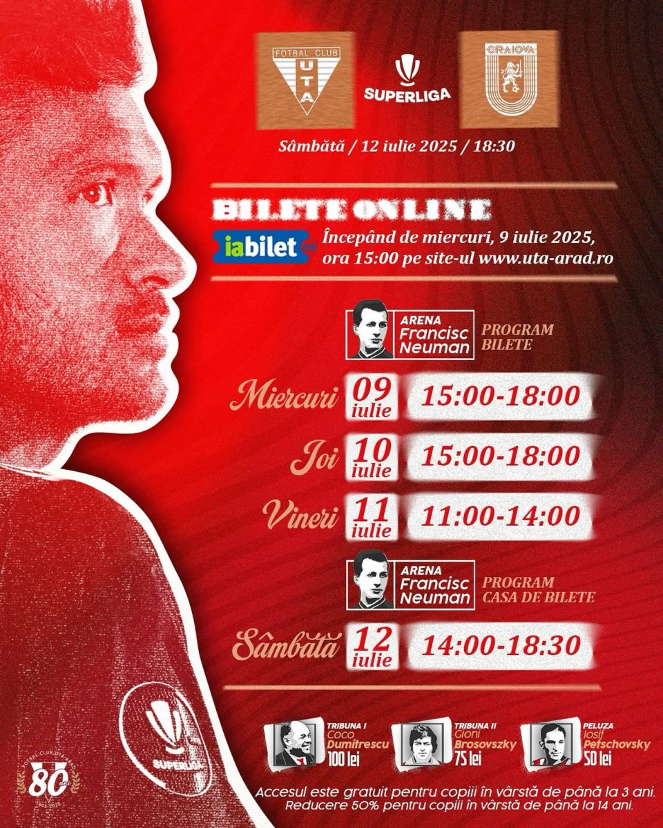 Biletele la UTA - Craiova sunt disponibile de miercuri. Un loc la peluză costă 50 de lei!