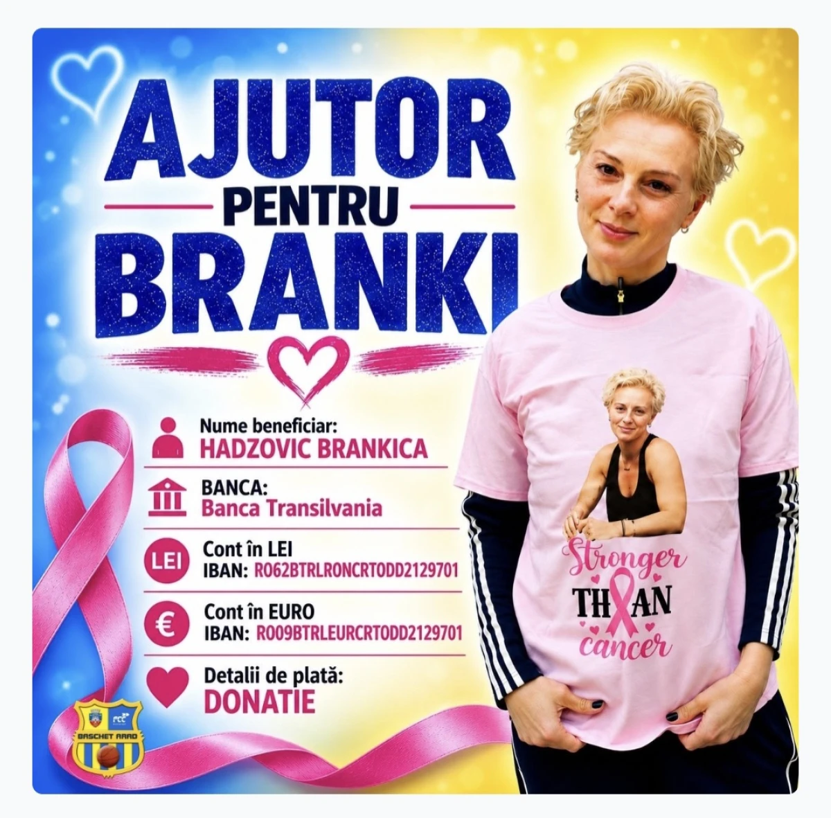 Brankica Hadzovic are nevoie de ajutor în lupta cu cancerul. Clubul FCC Baschet UAV Arad lansează un apel la solidaritate