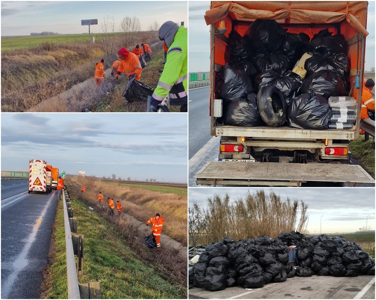 Cantități mari de gunoaie, adunate de drumari de pe marginea autostrăzii, în apropiere de Nădlac II