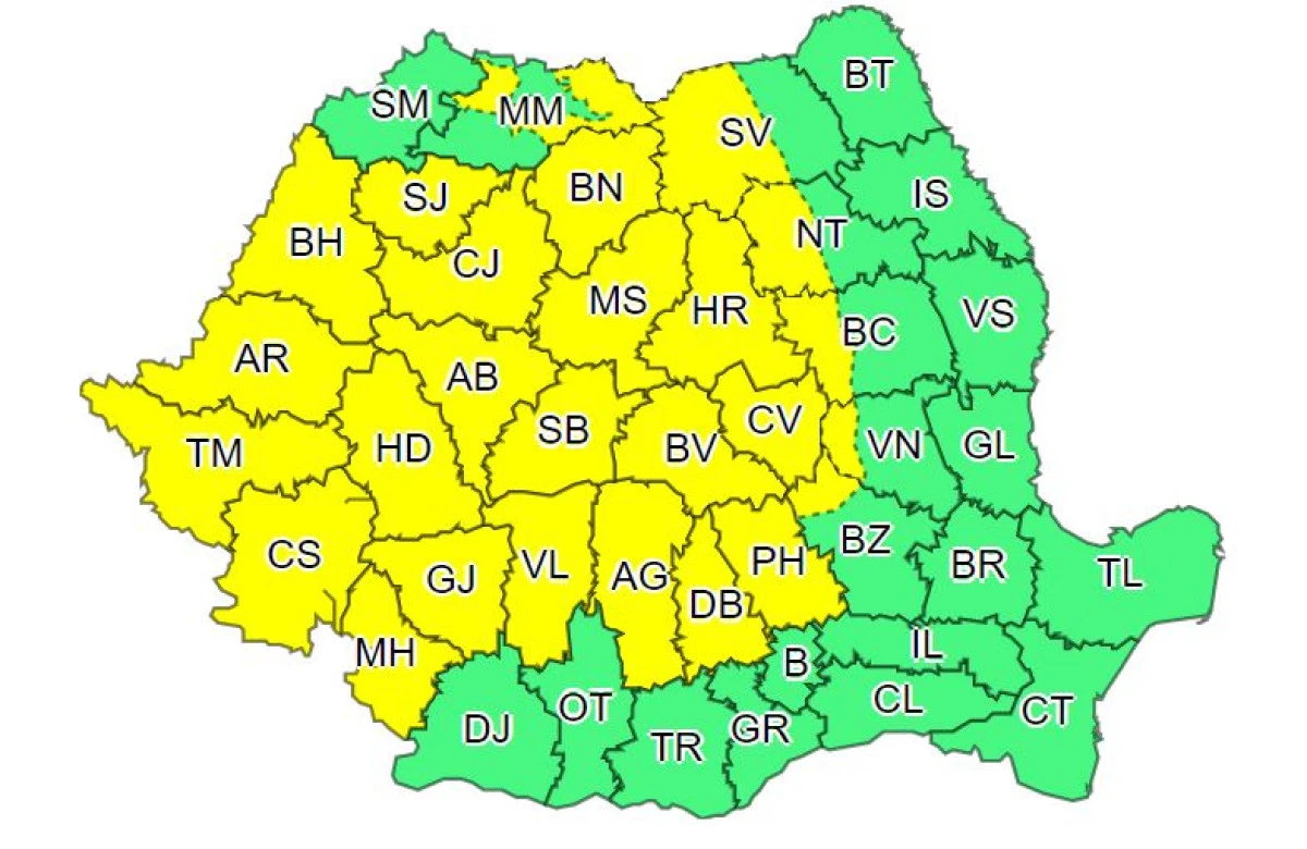 Cod galben de instabilitate atmosferică accentuată pentru județul Arad