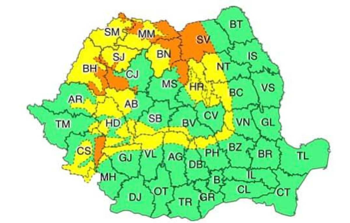 Cod galben de ninstori, în județul Arad. Atenționarea vizează zona montană şi submontană