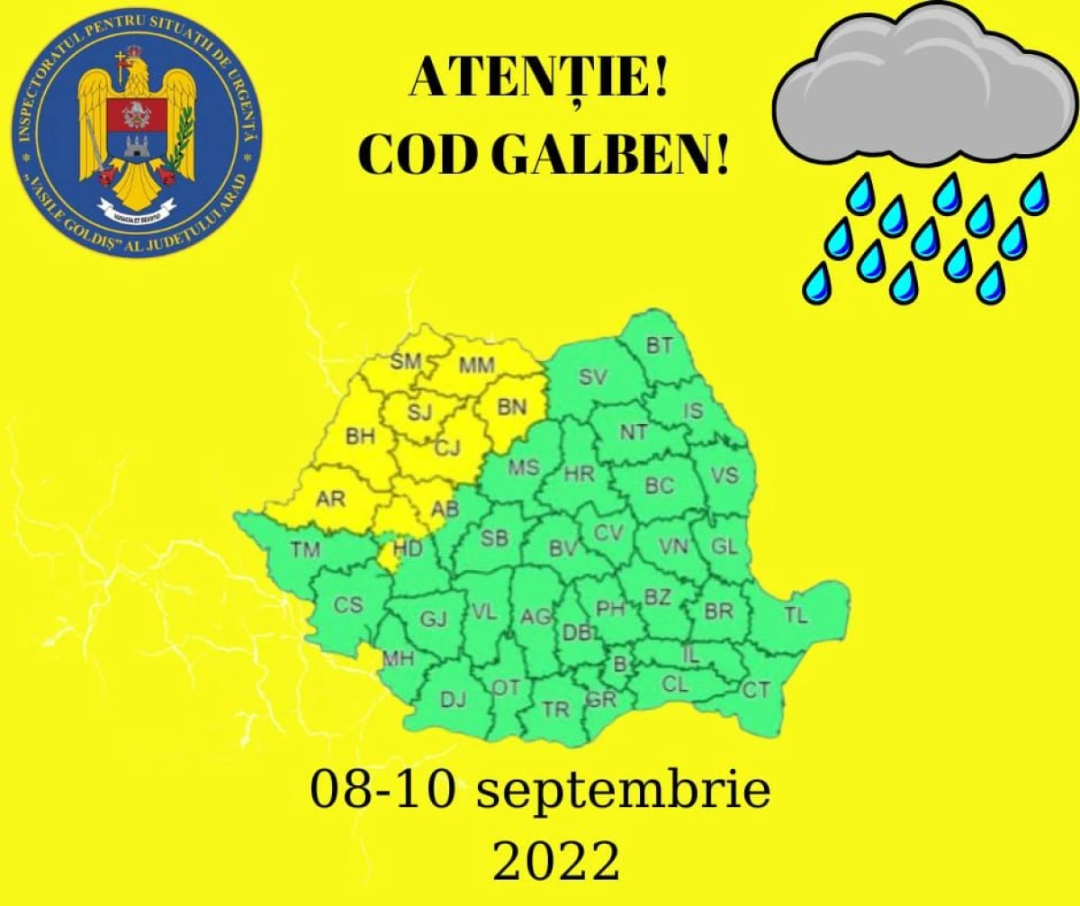 Cod galben de ploi și grindină în Arad