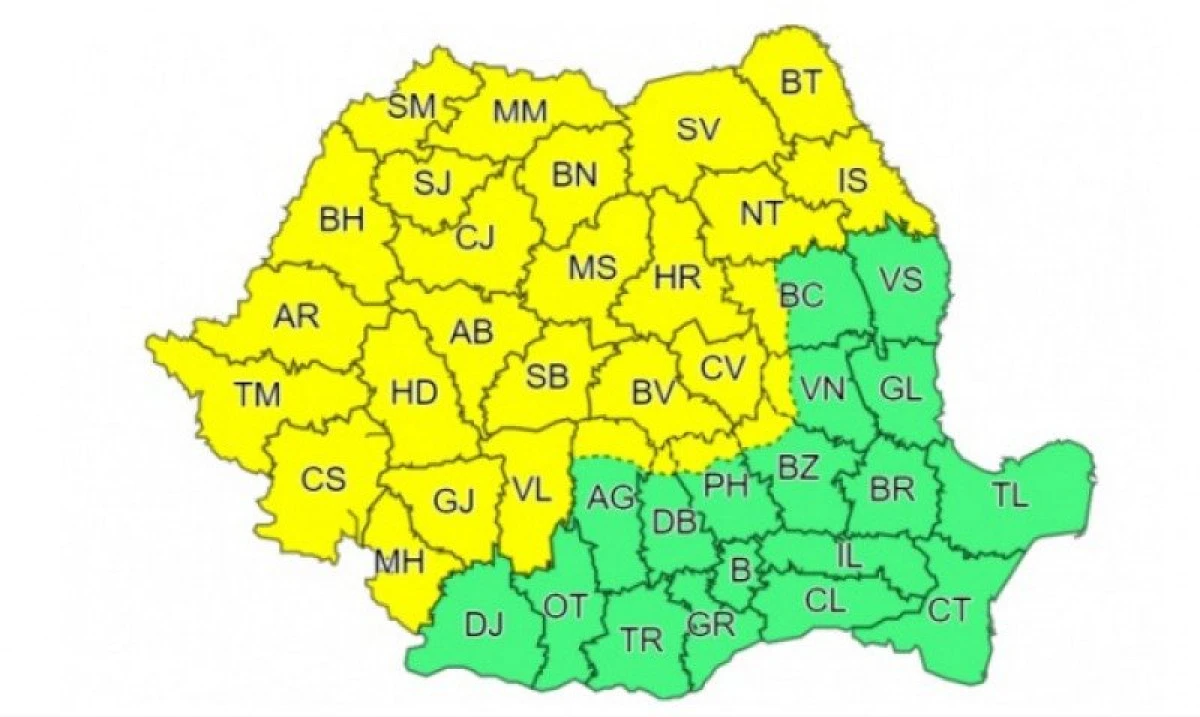 Cod galben de ploi torențiale, vijelii și grindină în județul Arad