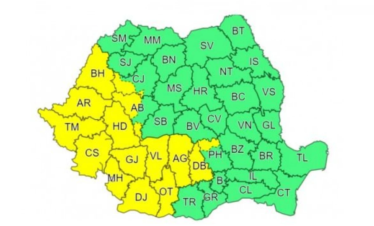 Cod galben de ploi torenţiale, vijelii şi grindină pentru județul Arad