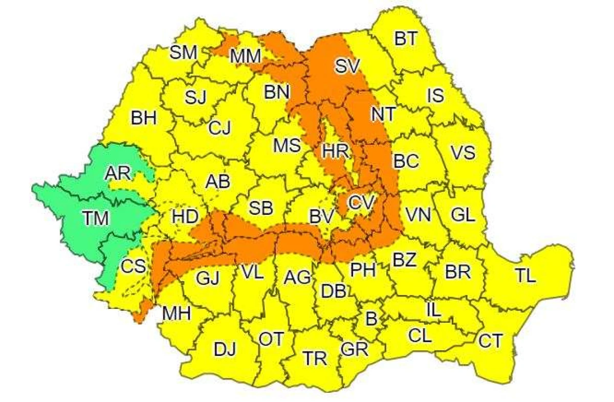 Cod galben de vânt și ploi pentru județul Arad, valabil din această seară