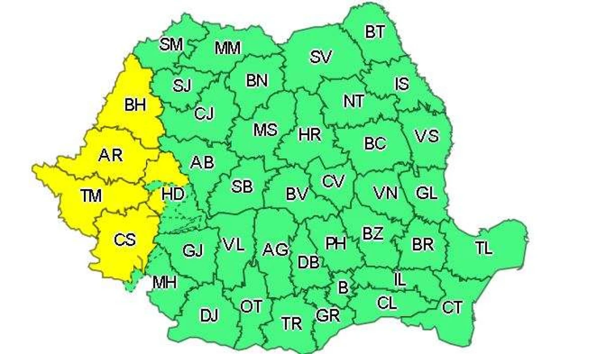 Cod galben de vreme instabilă în județul Arad, până joi dimineaţa