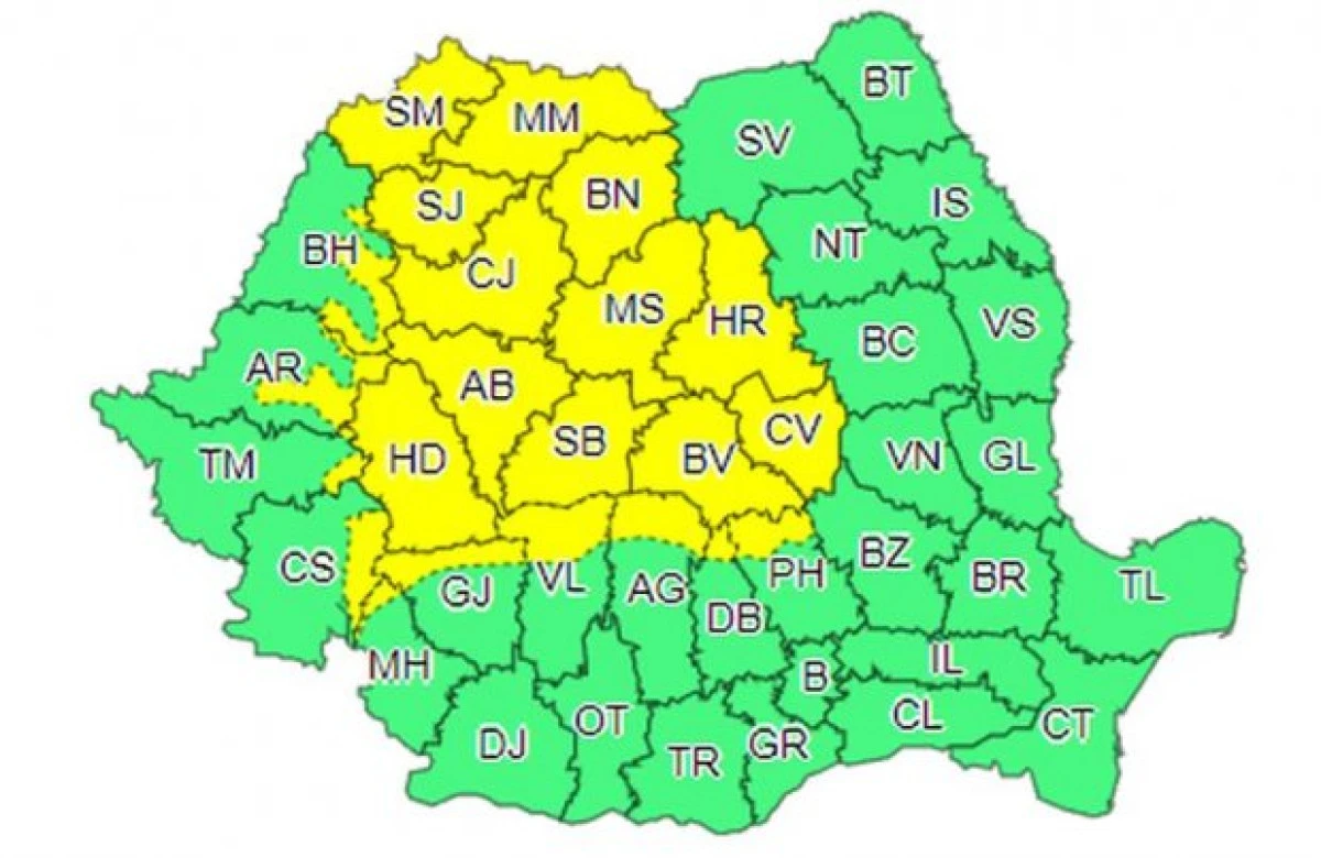 Cod galben de vremea rea pentru județul Arad