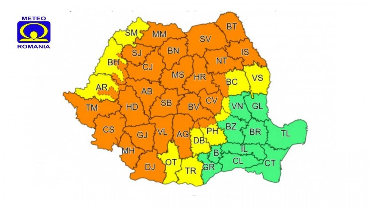 Cod portocaliu de averse torențiale, descărcări electrice și pe alocuri vijelii și grindină