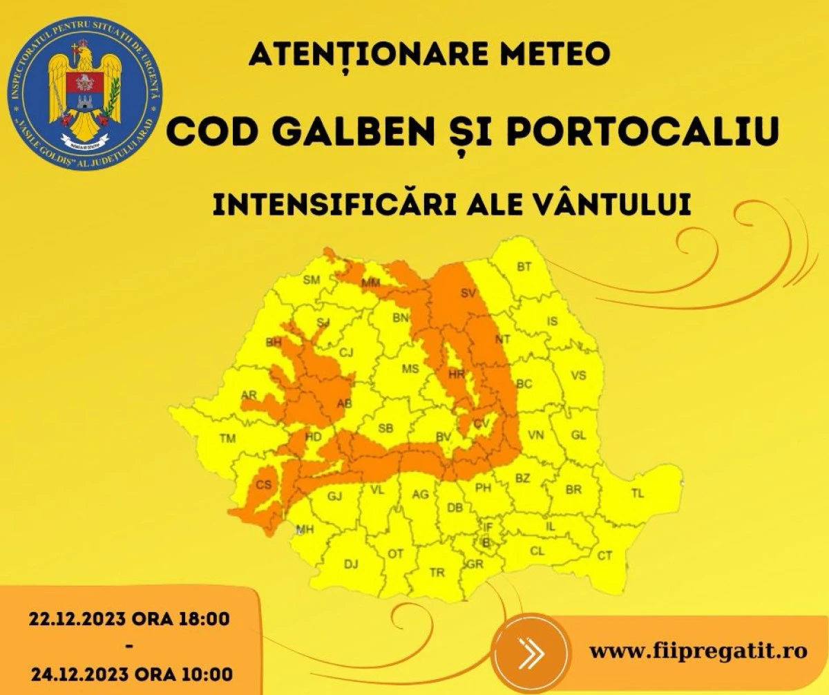 Cod portocaliu de intensificări ale vântului, valabil până duminică