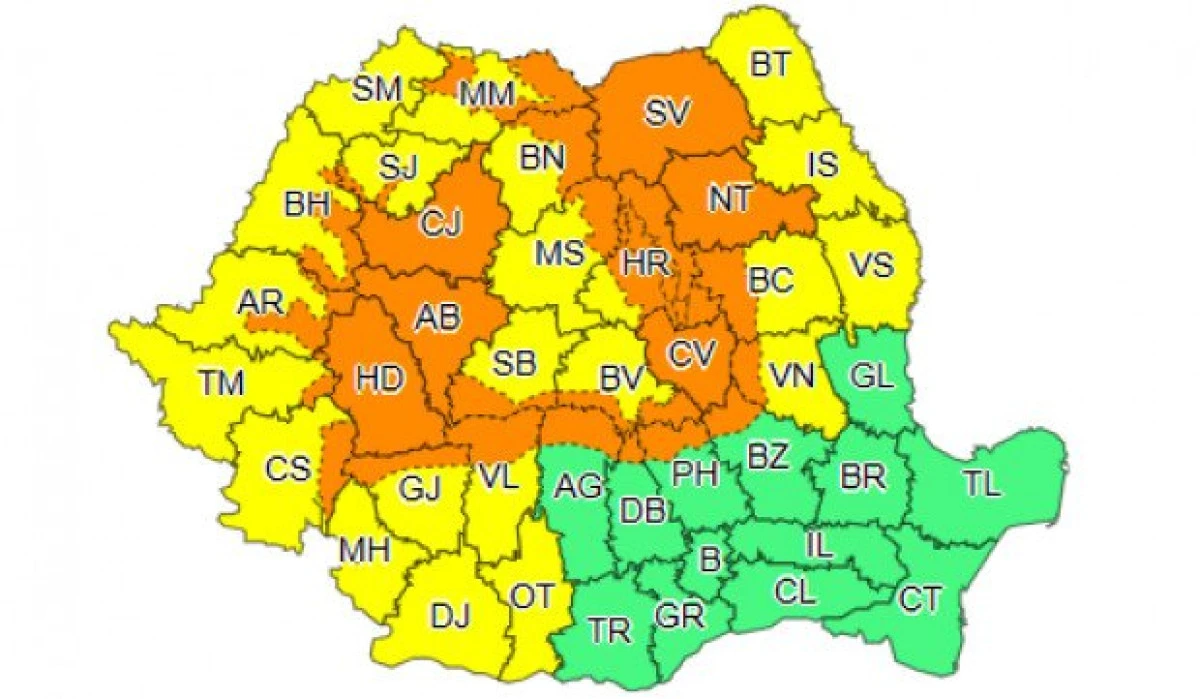 Cod portocaliu și cod galben de furtuni și vijelii puternice, pentru județul Arad