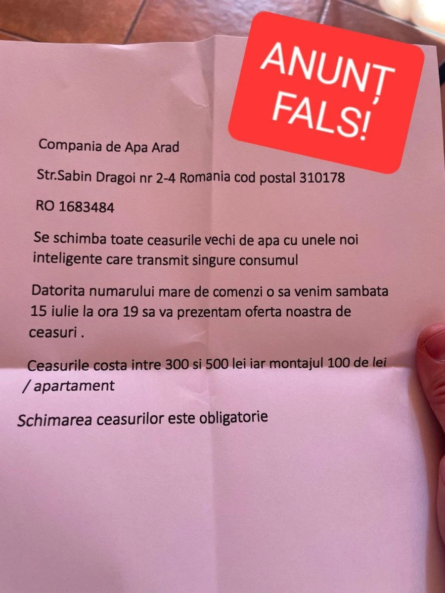 Compania de Apă Arad: Atenție la escroci!