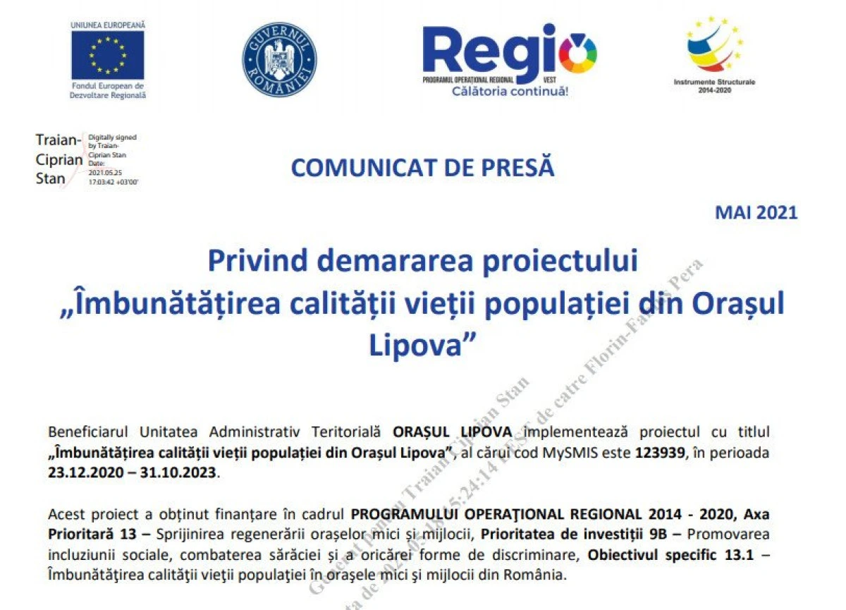 Comunicat de presă privind demararea proiectului ”Îmbunătățirea calității vieții populației din Orașul Lipova”