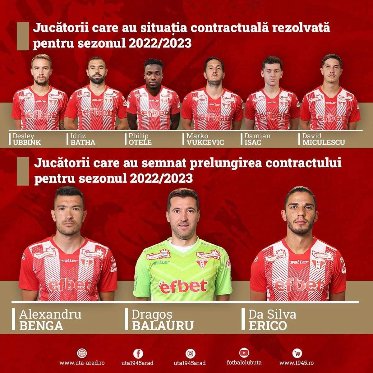 Conducerea UTA-ei, în febra prelungirii contractelor: Balauru, Benga și Erico rămân la Arad!