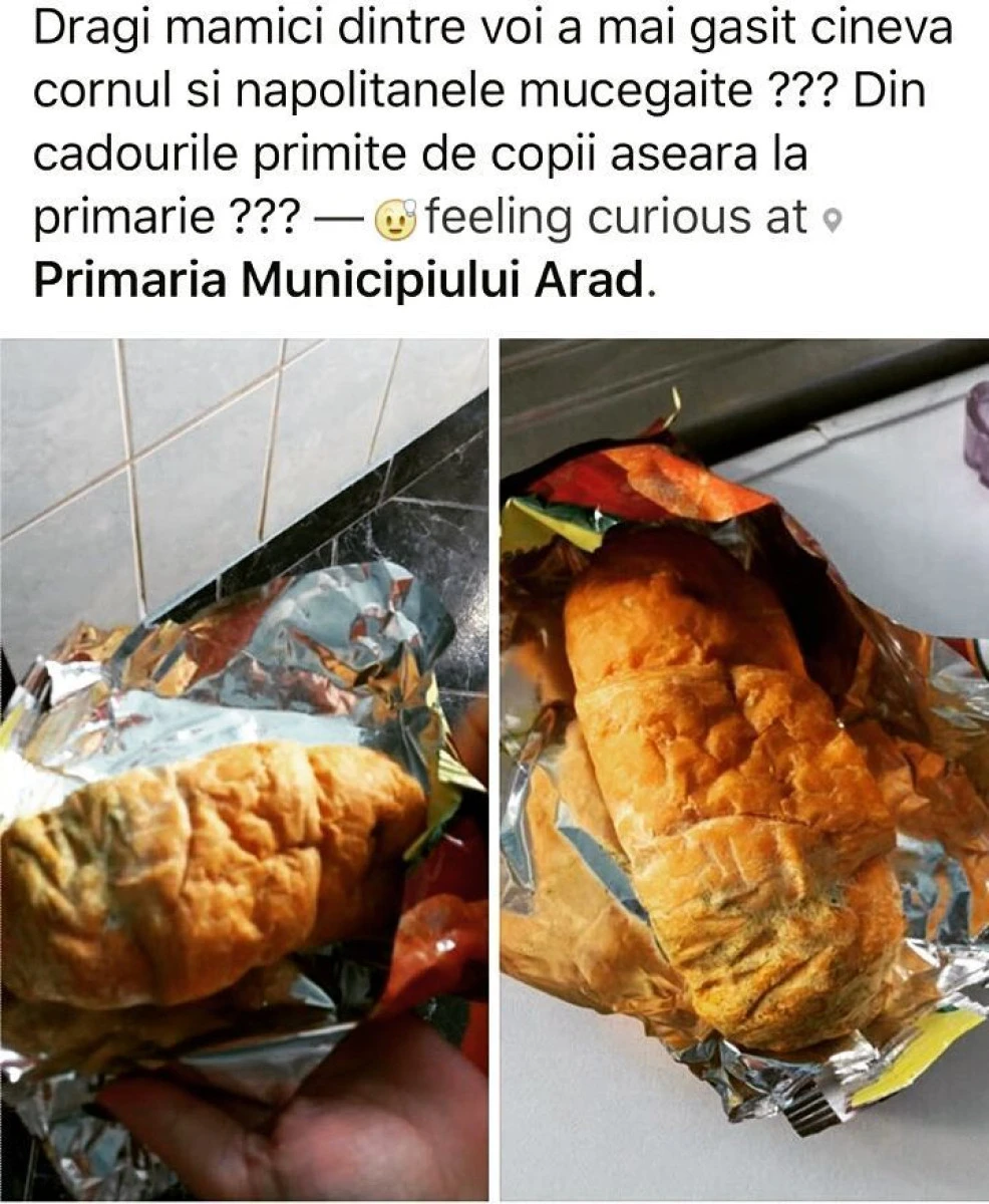 Cornuri și napolitane mucegăite, făcute cadou de PNL copiilor din Arad, de Moș Nicolae