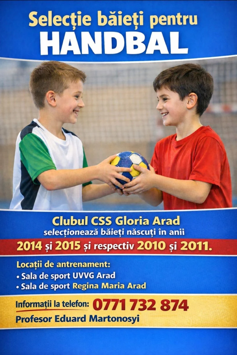 CSS Gloria Arad a început înscrierile pentru secția de handbal dedicată băieților
