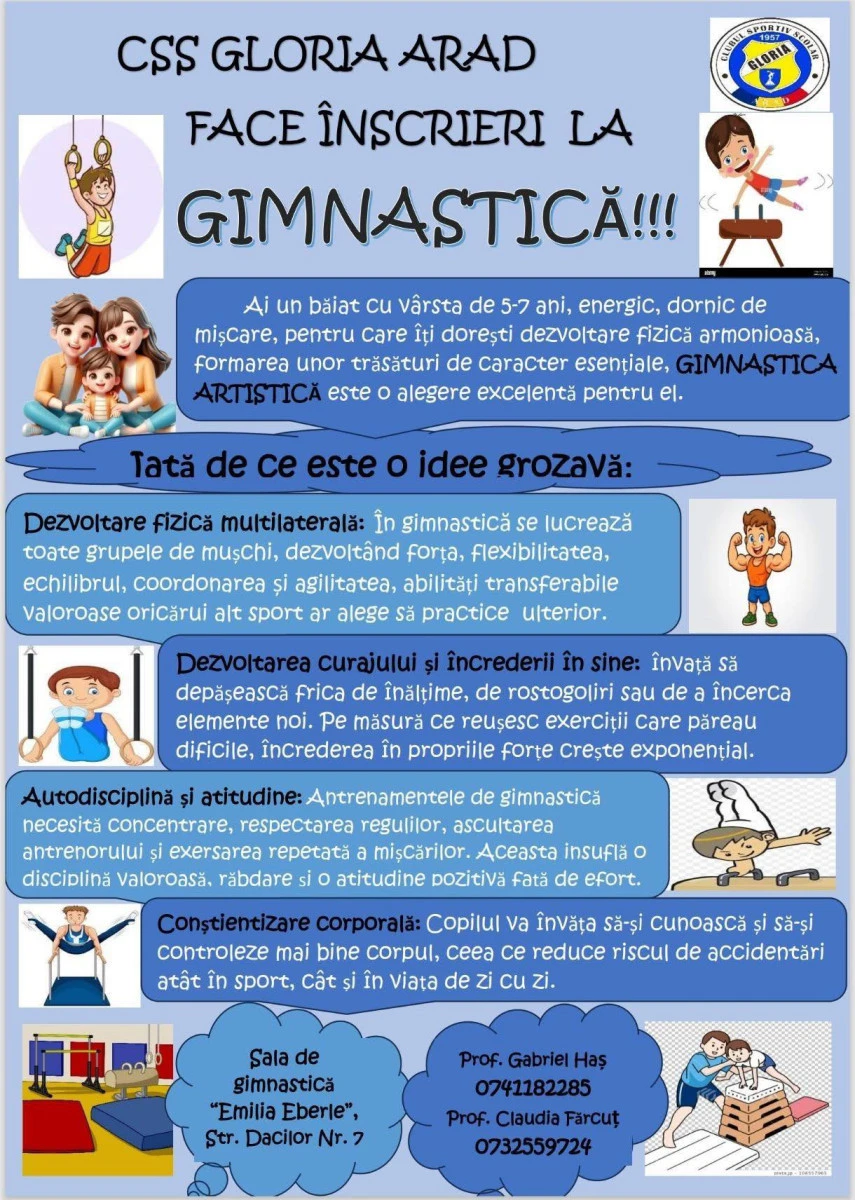CSS Gloria Arad începe selecția pentru grupele de gimnastică artistică masculină – copii de 5–7 ani