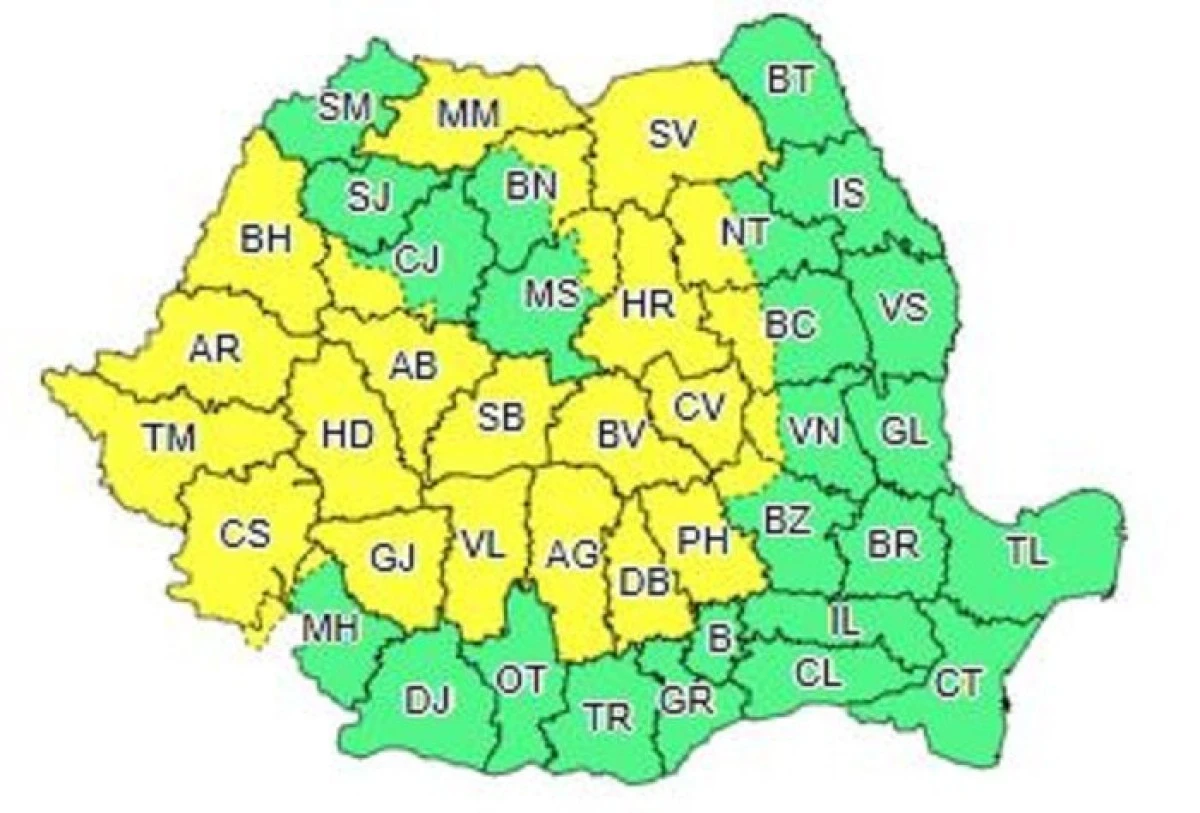 Două coduri galbene emise de ANM: Ploi torențiale, vijelii, posibil grindină