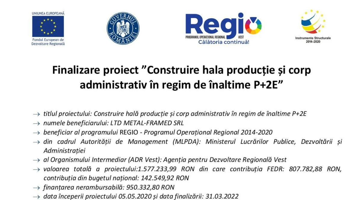 Finalizare proiect ”Construire hala producție și corp administrativ în regim de înaltime P+2E”