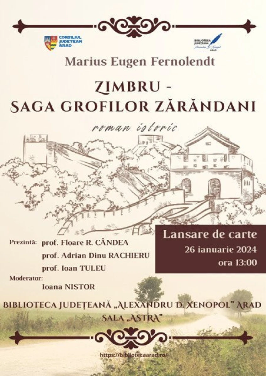 Lansare de carte, la Bibliotecă: „Zimbru – Saga grofilor zărăndani”