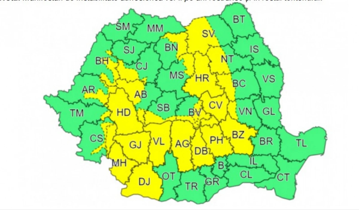 O nouă avertizare de cod galben de ploi torențiale și vijelii pentru județul Arad