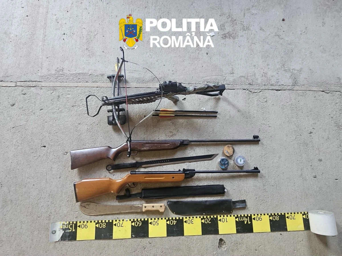 Percheziții în Arad. Polițiștii au găsit arme, muniție, săbii și o arbaletă