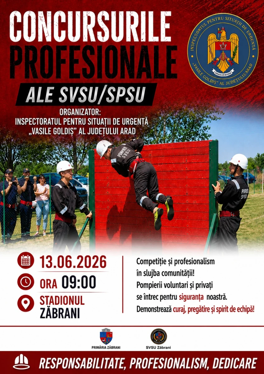 Pompierii voluntari și privați își dau întâlnire la Zăbrani. Concursurile profesionale au loc sâmbătă