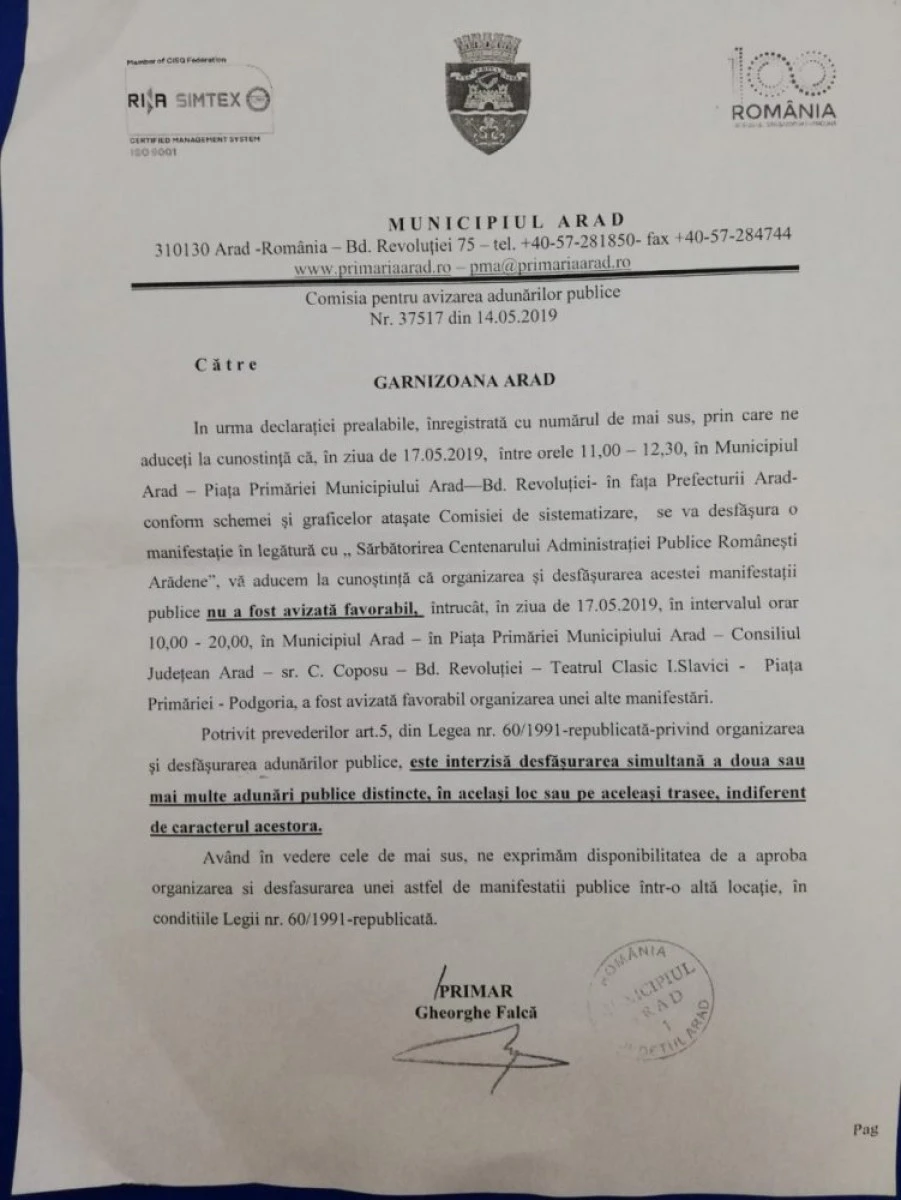 Primăria Arad a blocat defilarea pregătită de MAPN și MAI, cu prilejul Centenarului administrației românești în Arad