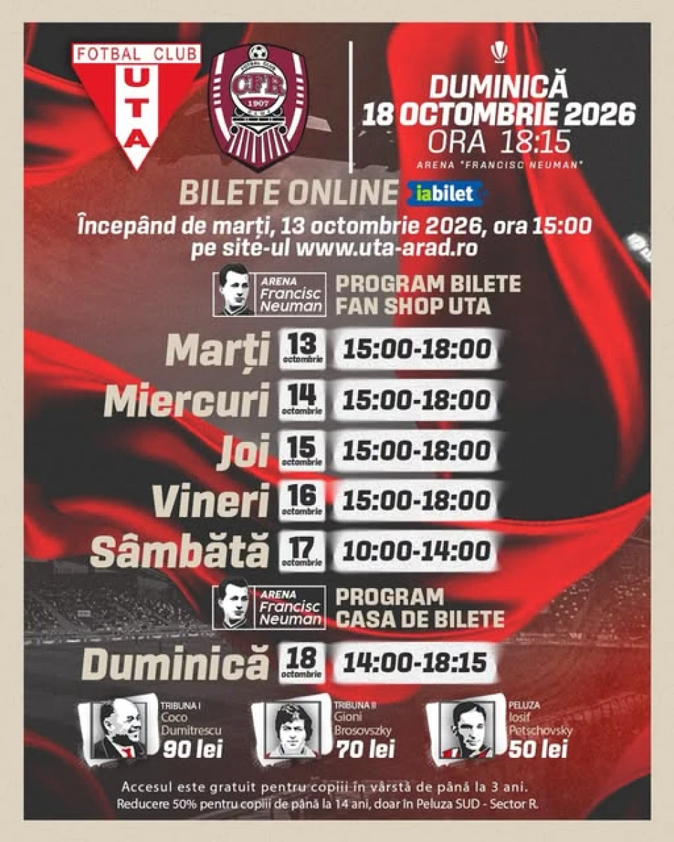 Se pun în vânzare biletele pentru UTA – CFR Cluj. Prețuri și programul caselor