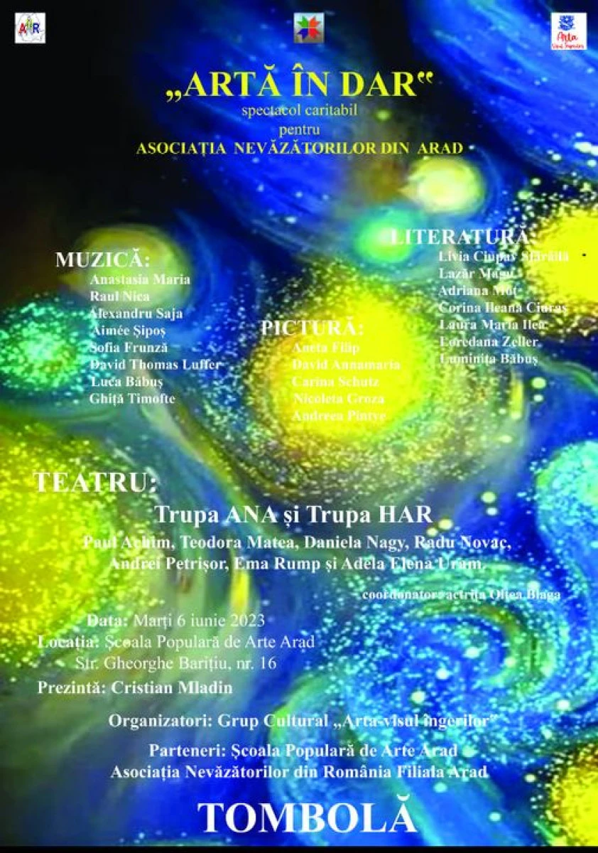 Spectacol caritabil „Artă în Dar”, pe 6 iunie, la Teatrul de Vară din Arad