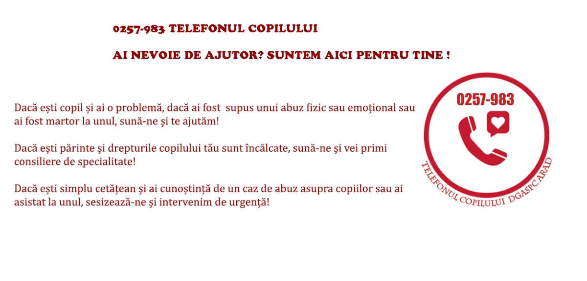 Telefonul Copilului - 983, mereu la dispoziția arădenilor aflați în nevoie!