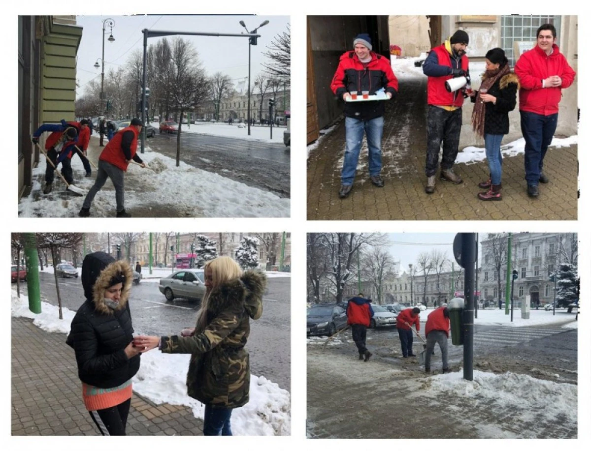 Tinerii din PSD Arad au deszăpezit trotuarele din centru