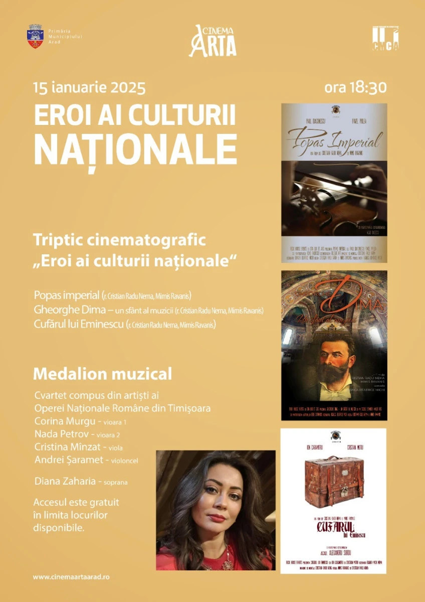 Triptic cinematografic și medalion muzical, cu ocazia Zilei Culturii Naționale, la Cinematograful „Arta“ din Arad