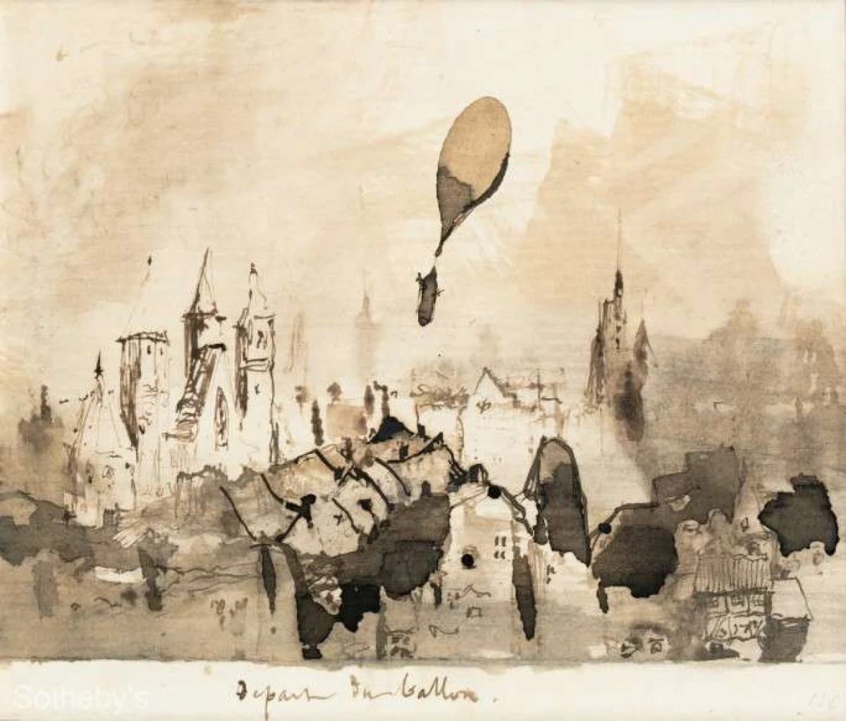 Un desen inedit realizat de Victor Hugo, intitulat ''Depart du Ballon'', vândut cu 37.500 de euro