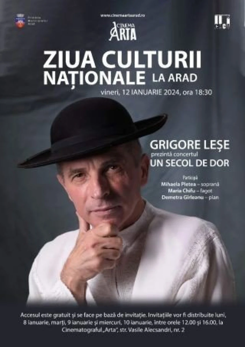 „Un secol de dor“. Grigore Leșe, invitat la un eveniment dedicat Zilei Culturii Naționale, la Cinematograful „Arta“ din Arad