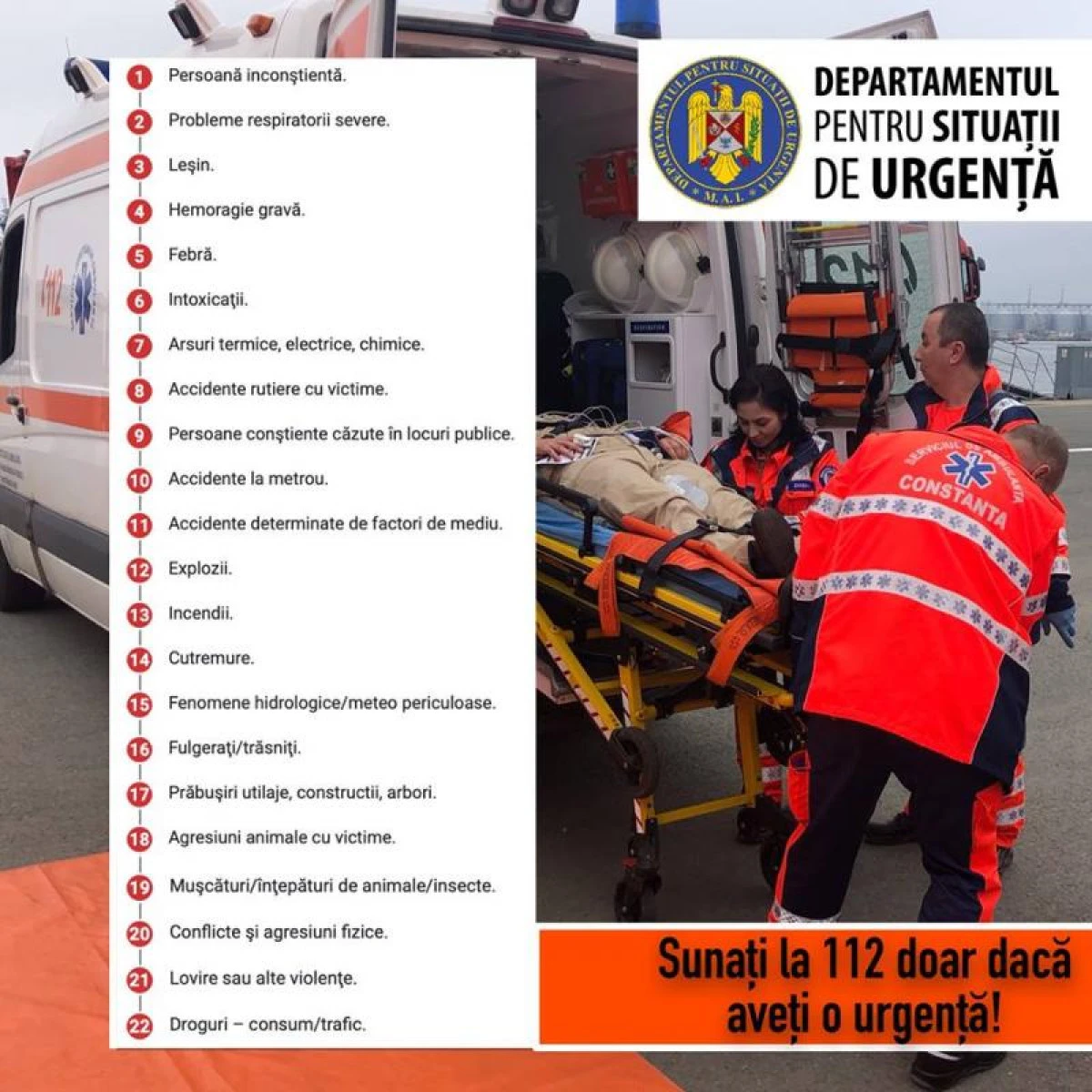 "Urgenţa este pentru Urgenţe". Cele 22 de situații în care trebuie să sunați la 112