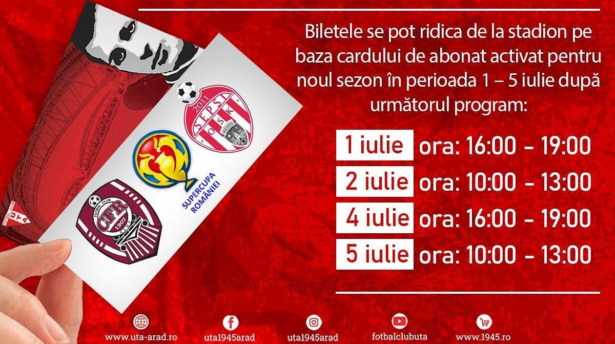 UTA oferă abonaţilor bilete gratuite la Supercupa României de la Arad, din 9 iulie!