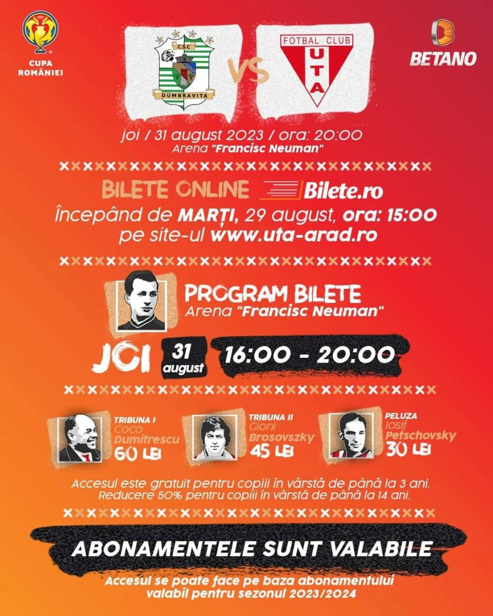 UTA vinde biletele din Cupă la prețuri de Superligă! Abonații au acces gratuit