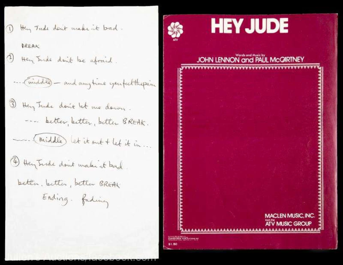 Versurile melodiei ”Hey Jude”, scrise de mână de Paul McCartney, vândute pentru 910.000 de dolari