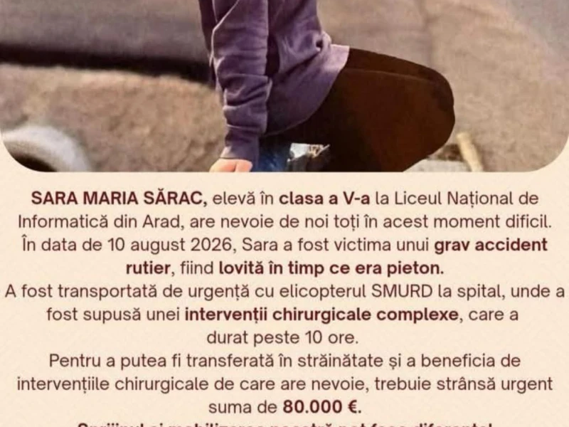 Apel umanitar lansat de SAJ Arad pentru fiica unei asistente medicale, victimă a unui grav accident rutier