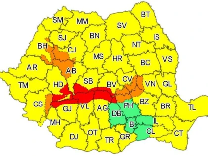 ANM: Cod roşu de vânt puternic în 7 judeţe, Cod portocaliu în 10 judeţe şi Cod galben în aproape toată ţara