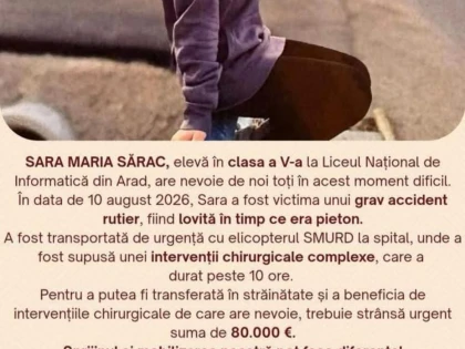 Apel umanitar lansat de SAJ Arad pentru fiica unei asistente medicale, victimă a unui grav accident rutier
