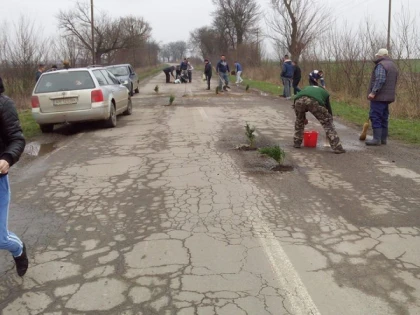CJA ISI BATE JOC DE SOFERI. ARADENII NEMULTUMITI AU PLANTAT COPACI IN GROPILE DE PE DJ 709 B