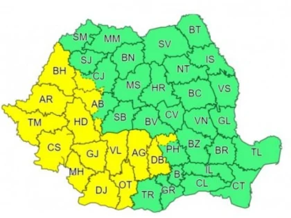 Cod galben de ploi torenţiale, vijelii şi grindină pentru județul Arad